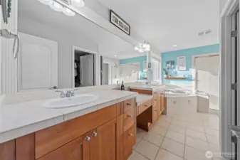 Primary bathroom suite. His and Her sinks with vanity in the middle. Look at all those drawers!