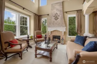 Sumptuous 2 story great room w luxury fireplace