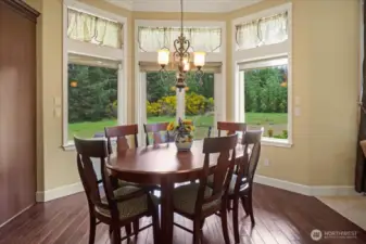 Infomal eating area niche faces backyard and lots of windows