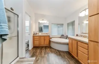 Five Piece Primary Bath~ Soaking Tub~Double Shower~Private Water Closet~Dual Elevated Vanities AND a HUGE Towel/Linen Closet~