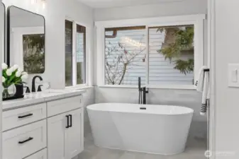 The free-standing tub will be the envy of all your friends in this spa like bathroom