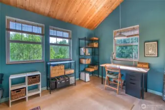 The second bedroom has south-facing windows streaming in sunlight.