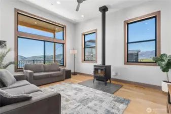 Cozy living space with wood burning fireplace!