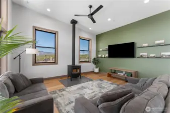 Cozy living space with wood burning fireplace!