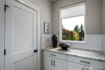 Butler's buffet with quartz counters and walk-in pantry to the left.