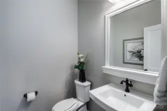 Powder room on first floor has pedestal sink and upgraded toilet.