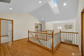 Upstairs, a versatile loft provides flexible space for a media lounge, home office, playroom, or quiet reading retreat.