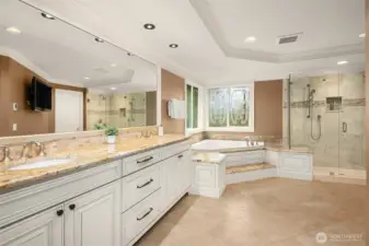 Spacious primary suite ~ serene views of the greenbelt. Large, lavish, spa-inspired en-suite bath with frame-less glass door dual head shower, heated Travertine tile floors, soaking tub, and large walk-in closet.