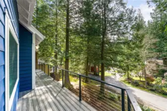 Wrap around deck in front of the house.