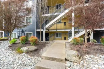 Tasteful landscaping surrounds the property.