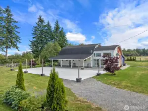 Barn-style pole building with expansive patio ready for weddings, events and gatherings!