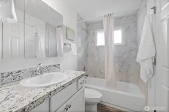 Full/continental 4 piece bathroom with all new fixtures & custom tile surround.
