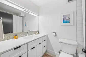 New bath vanity with quartz counters.