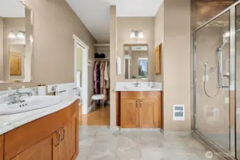 The En Suite has a spacious walk in shower, dual sinks and separate W/C. Cabinetry with Marble countertops, Toto toilets, Travertine floors and skylight.
