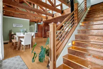 Staircase to second story Bonus room, gym and flex room. Beautiful custom, copper inset with safety lighting.