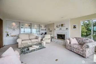 The living area has lovely glass shelving and gas fireplace.