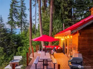 Relax and entertain on the expansive deck with breathtaking Fish Lake scenery.