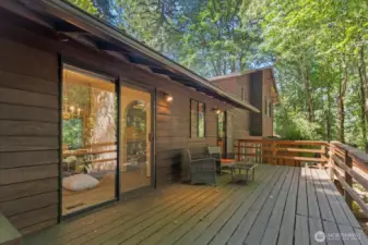 Large back deck with sliders from dining room and from kitchen.