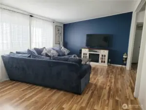 A View of the Enormous Open Living Room with Cathedral Ceiling, Newer Laminate Flooring Looking at the Entertainment Center from the Hallway..