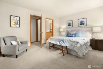 Big bedroom with lots of light and storage