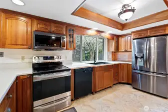 Note the gleaming stainless steel appliances and an abundance of workspace