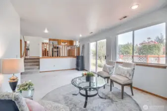 The family room has new vertical blinds and and slider to a huge deck and also open to the kitchen