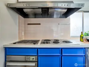 Stylish kitchen featuring bold cabinetry, stainless accents, a built-in grill, and plenty of workspace for the home chef
