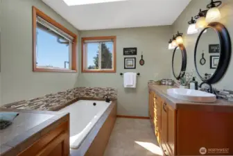 Soaking Tub and newer vanity in the Primary Bath.