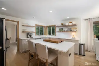 Dream kitchen has center island w/natural gas range/oven.  Light, bright, and open, with views to the back yard, stainless appliances, new quartz counters, pantry.
