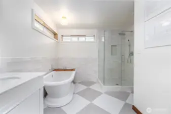 This truly spa-like en-suite bath exudes luxury and invites you to relax.  Marble and tile, all new shower, tub, double vanity.