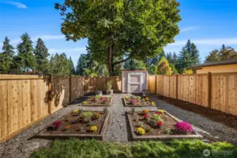 Garden boxes for flowers or herbs and s storage shed for yoru yard and gardening storage.