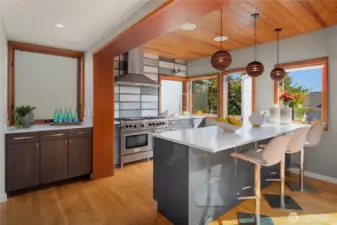 A chef’s dream kitchen with professional appliances, statement lighting, and seamless indoor-outdoor flow.