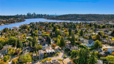A broad view showcases the home’s ideal placement in a leafy residential pocket close to it all.