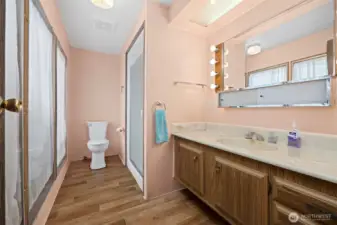 Primary Ensuite with a shower and large vanity.