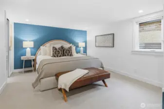 The spacious primary bedroom includes a large walk-in closet with a built-in closet unit. The lower level could serve as a separate living space or primary suite with a full bath and an adjacent family room.