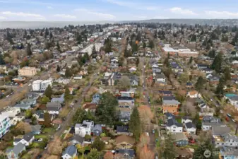 Aerial image looking north with Puget Sound. The large building a couple blockas away is Whittier Elementary School.
