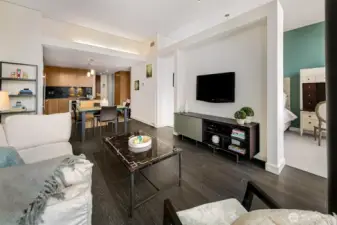 Clever design separates the bedroom from the living space and special mood lighting details.