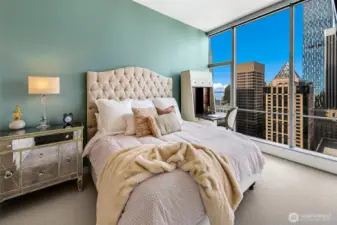 Huge bedroom with newer carpet, king size bed and Puget Sound views.