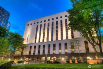 The Federal Courthouse with green plaza across the street.