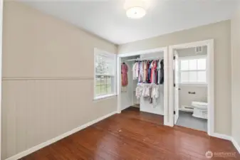 Bedroom with 3/4 bath access and large closet