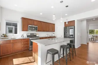 Large kitchen with builder upgraded granite countertops, full backsplash and gas range. Seller upgraded pendant lighting, newer dishwasher and Samsung Flex Zone fridge. Don't miss the spacious pantry!