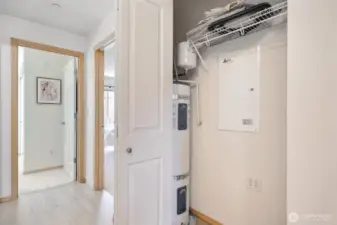 Water heater at hallway closet