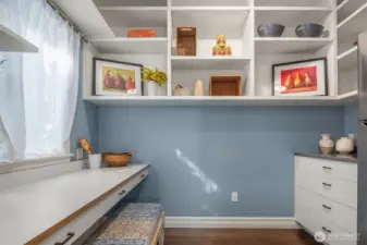 A walk-in pantry big enough for a desk and extra fridge. Lots of room for your Costco run here!