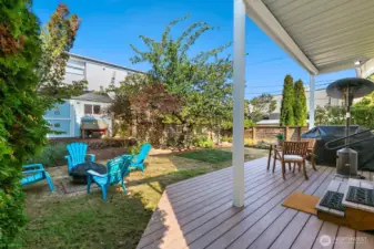 Back to the mudroom off the kitchen, enter your serene and flat backyard. The newer deck is covered mostly and a perfect spot to entertain or kick back. Note the garden shed to the left. Extra outdoor storage!