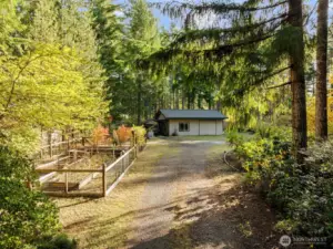 Large fenced garden area and garage/shop with carport.