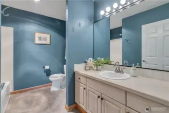 Full guest bathroom with storage