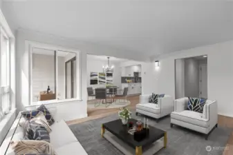 Virtually Staged.  Another beautifully staged living room with a glimpse of the dining room and balcony.