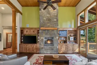 Great Room with floor to ceiling stone fireplace