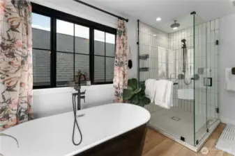 Frameless glass shower with custom tile.
