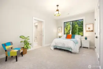 Spacious room, large double door closets, oversized windows and quality wall-to-wall carpeting with extra thick padding, plus Attached full Jack and Jill bathroom that leads to media room adds to the options for this bedroom